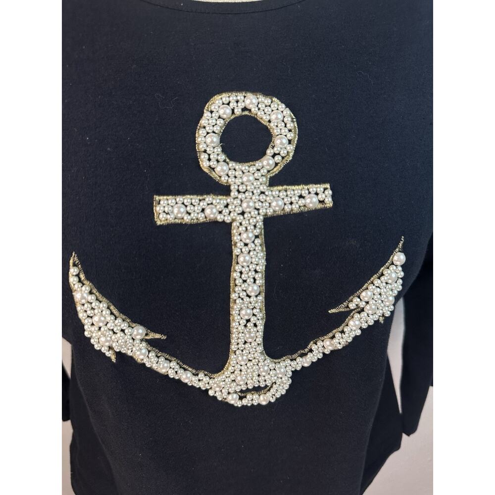 Cha Cha Vente Size Large Pearl Embellished Nautical Anchor Design Black Top - Picture 3 of 7